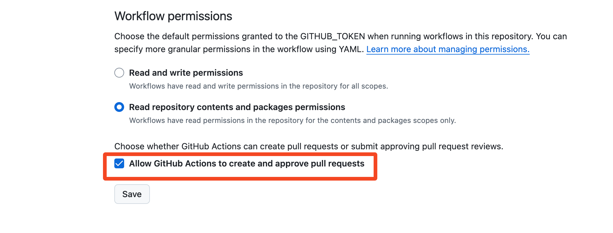 「Allow GitHub Actions to create and approve pull requests」にチェック